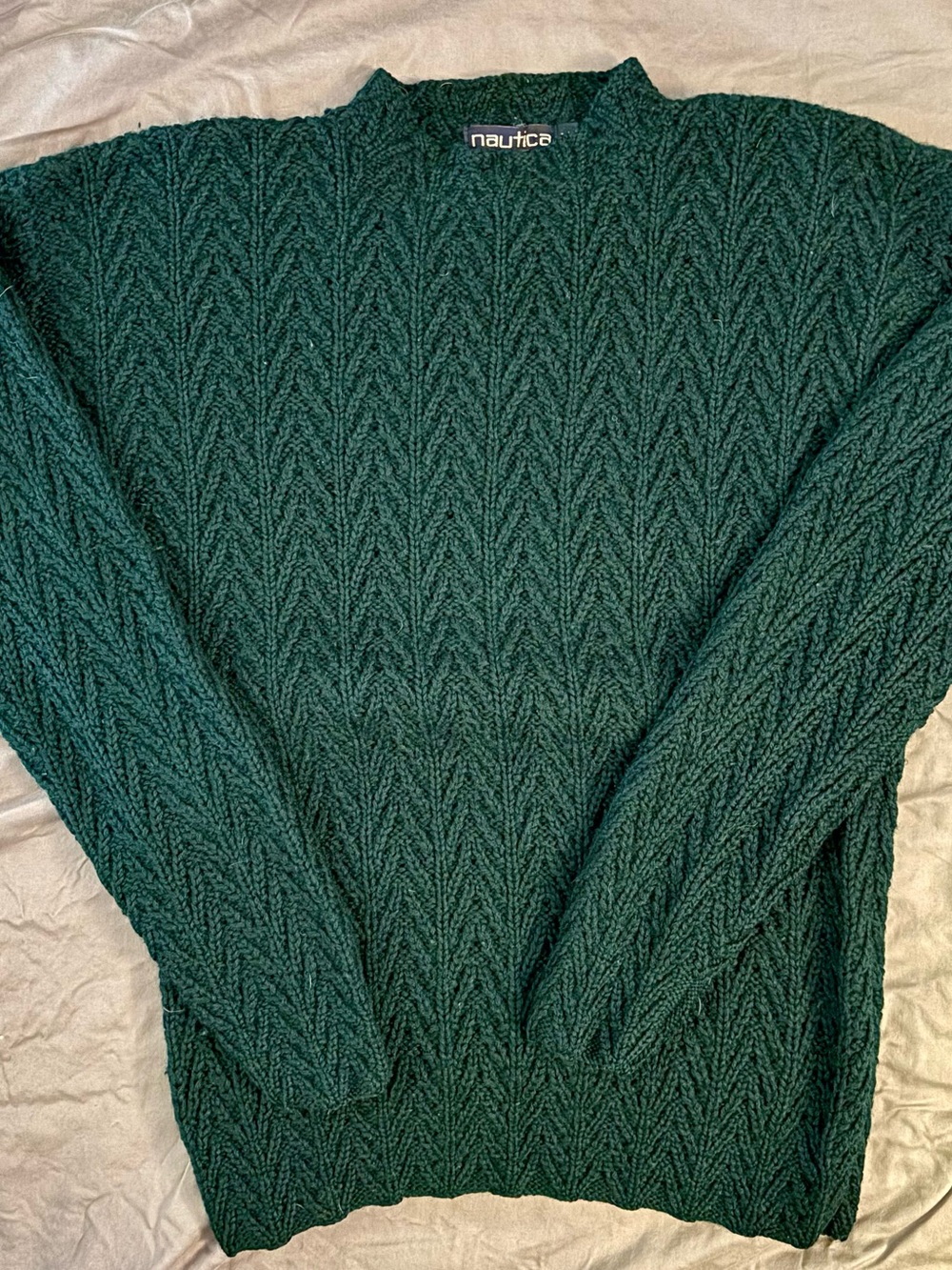 Nautica Men's Dark Green Crewneck Sweater. 100% Wool Hand Knit Sweater. Mens L.